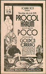 Show ad for Procol Harum show with Poco and Golden Earring July 03, 1974 Dallas - Memorial Auditorium